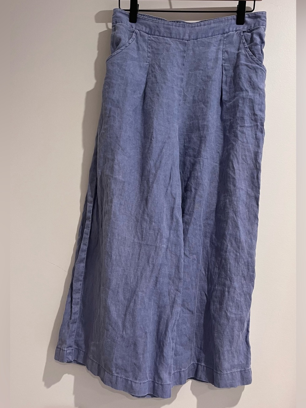 Sigrid Olsen 100% Linen Wide Leg Pants MEDIUM Blue Cropped Elastic Waist Coastal